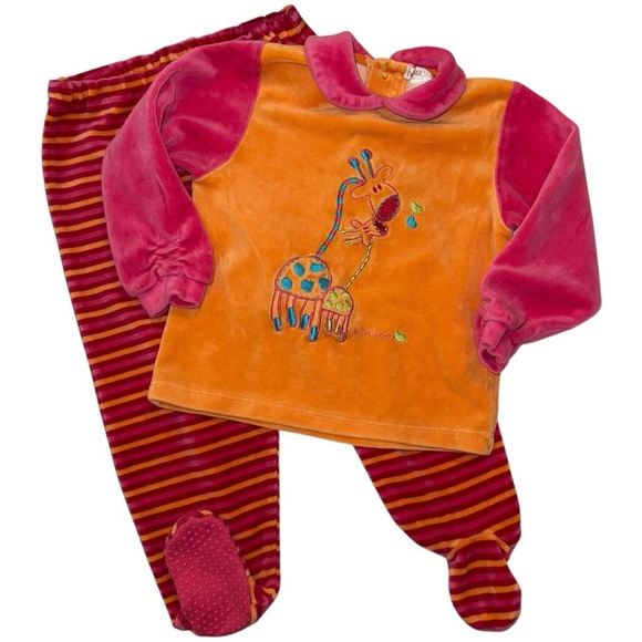 Petit Lem Other - Vintage Petit Lem 24M Giraffe Velour Outfit – Orange Pink Set Footed Pants